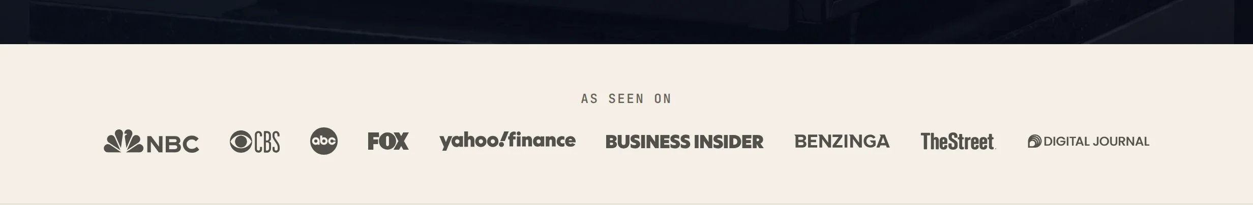 The As seen on strip on primare.ai, showing the NBC, CBS, ABC, FOX, Yahoo Finance, Business Insider, TheStreet and Digital Journal logos.